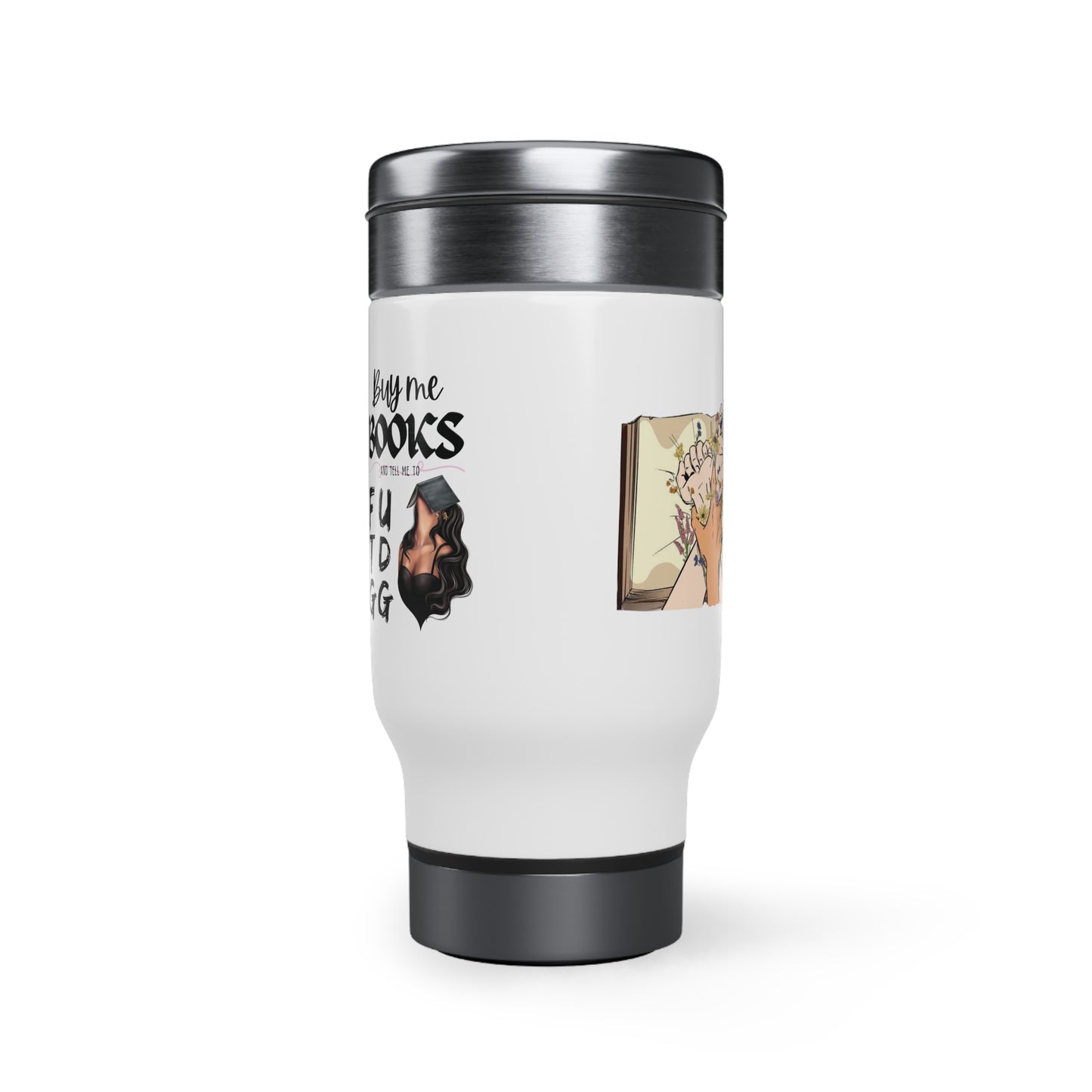 Cómprame libros y... Taza de viaje de acero inoxidable con asa, 14 oz