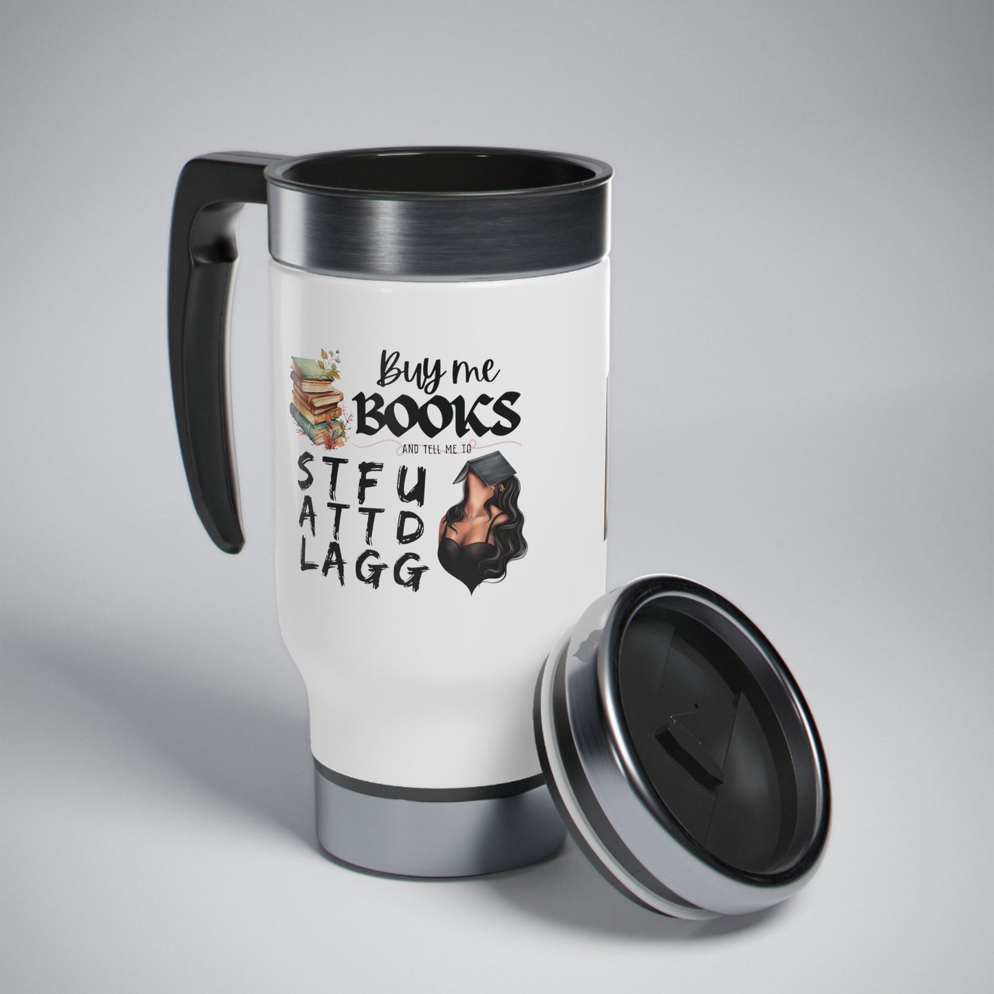 Cómprame libros y... Taza de viaje de acero inoxidable con asa, 14 oz