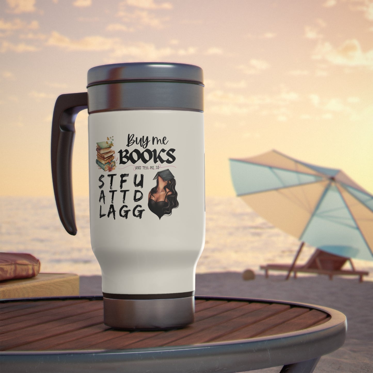 Cómprame libros y... Taza de viaje de acero inoxidable con asa, 14 oz