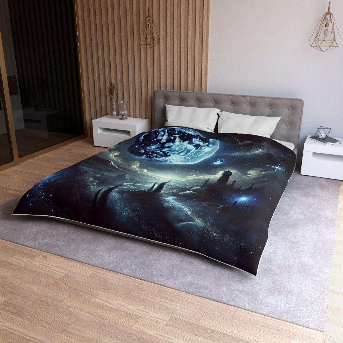 Celestial Blue Moon's Embrace Microfiber Duvet Cover