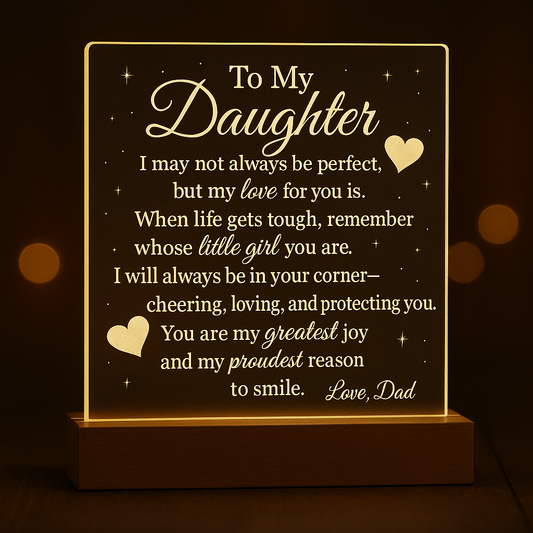 Light-up acrylic plaque for daughter from dad – heartfelt engraved message with stars and hearts, glowing LED base, perfect birthday or keepsake gift.