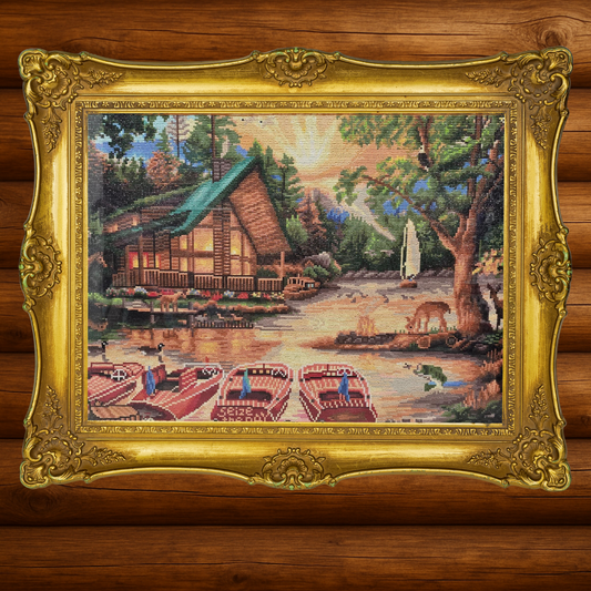 Decorative tapestry with a scenic landscape featuring a cabin and boats, framed in gold.
