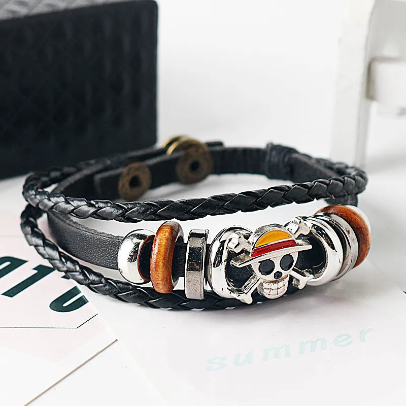 One Piece Luffy Pirate Bracelet Cartoon Action Figure Toy Straw Hat Punk Black Leather Braided Bracelet Cosplay Accessories Gift